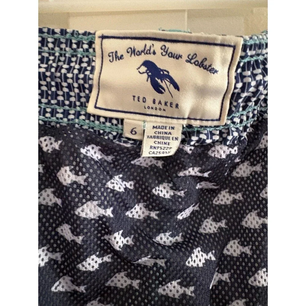 Ted Baker Swim Trunks Mens 6 XXL Teal Chevron Geometric Lobster Logo Mesh Lined